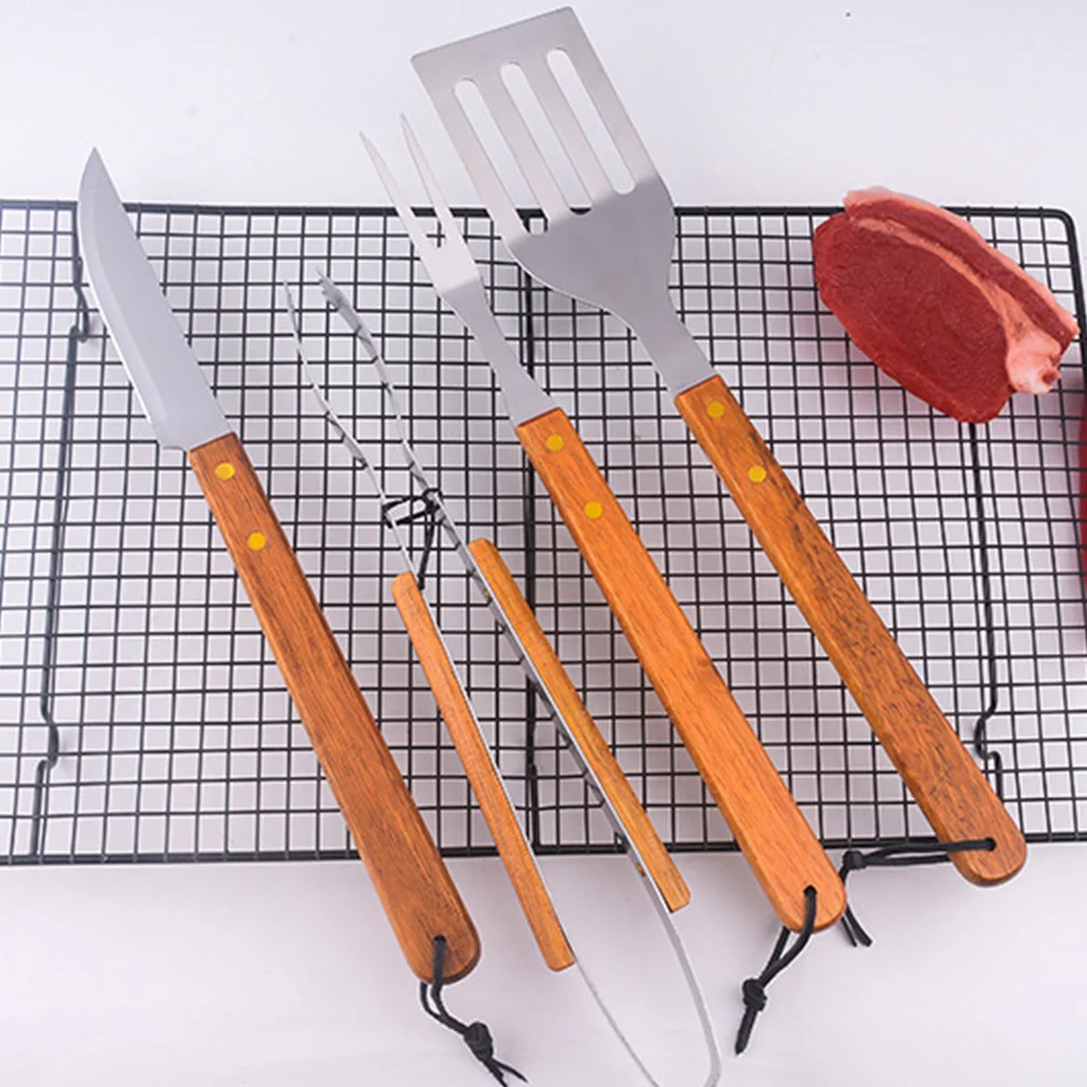 

1Set Stainless Steel Barbecue Utensils Brown Wood Handles Durable Practical Outdoor Bbq Grill Tools Portable Convenient Set