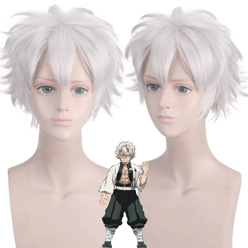 

Anime Demon Slayer Shinazugawa Sanemi Heat Resistant Synthetic Hair Men Cosplay Wigs Silver Short Tail Anti Warping Hair Wigs