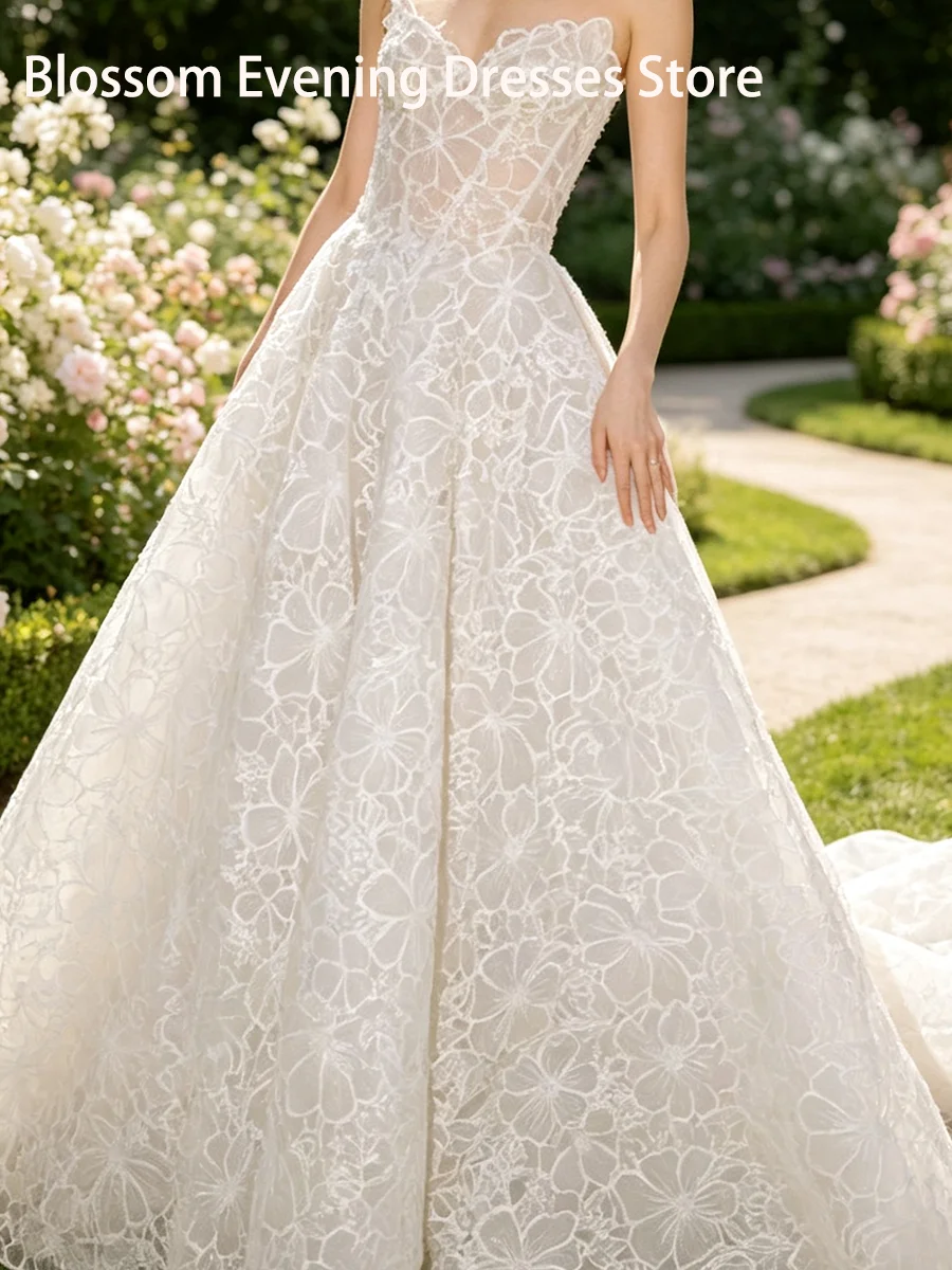 Exquisite V-Neck Floral Corset Sleeveless Pleat A-Line Bride Wedding Dresses Bridal Gowns Customized