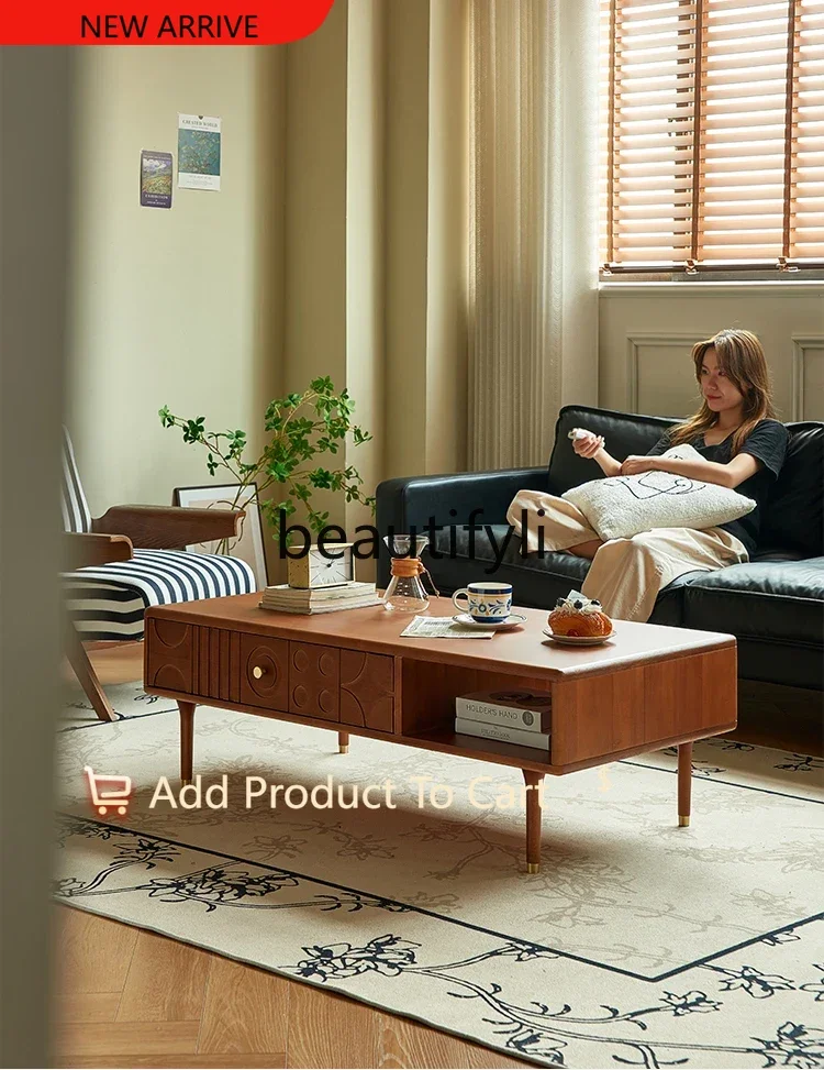 

Nordic retro pure solid wood carving flower coffee table small apartment light luxury high sense medium antique square table G12