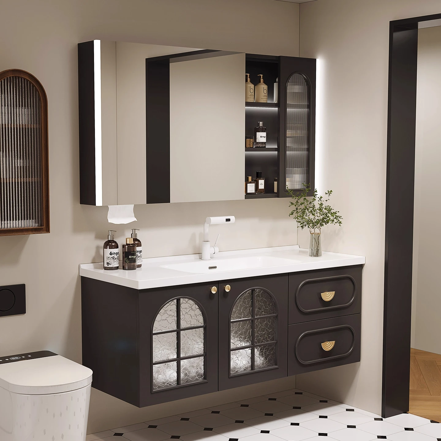 zn- Vintage Double Bathroom Cabinet Set Large Size Wooden Bathrooms Double Basin Rock Slab Ceramic Washstand Lacquer Toilet@