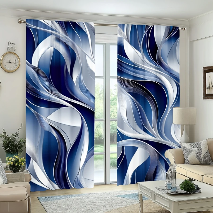 Digital Printed Curtains, Blue Ocean Flowing Charm Pattern, Stylish Window Treatment for Living Room Bedroom Decor