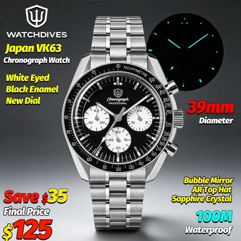 Watchdives WD1863 New 39Mm VK63 Mecha-Quartz Chronograph Watch Bubble Sapphire AR Luminous 100M Waterproof Sports Men Wristwatch
