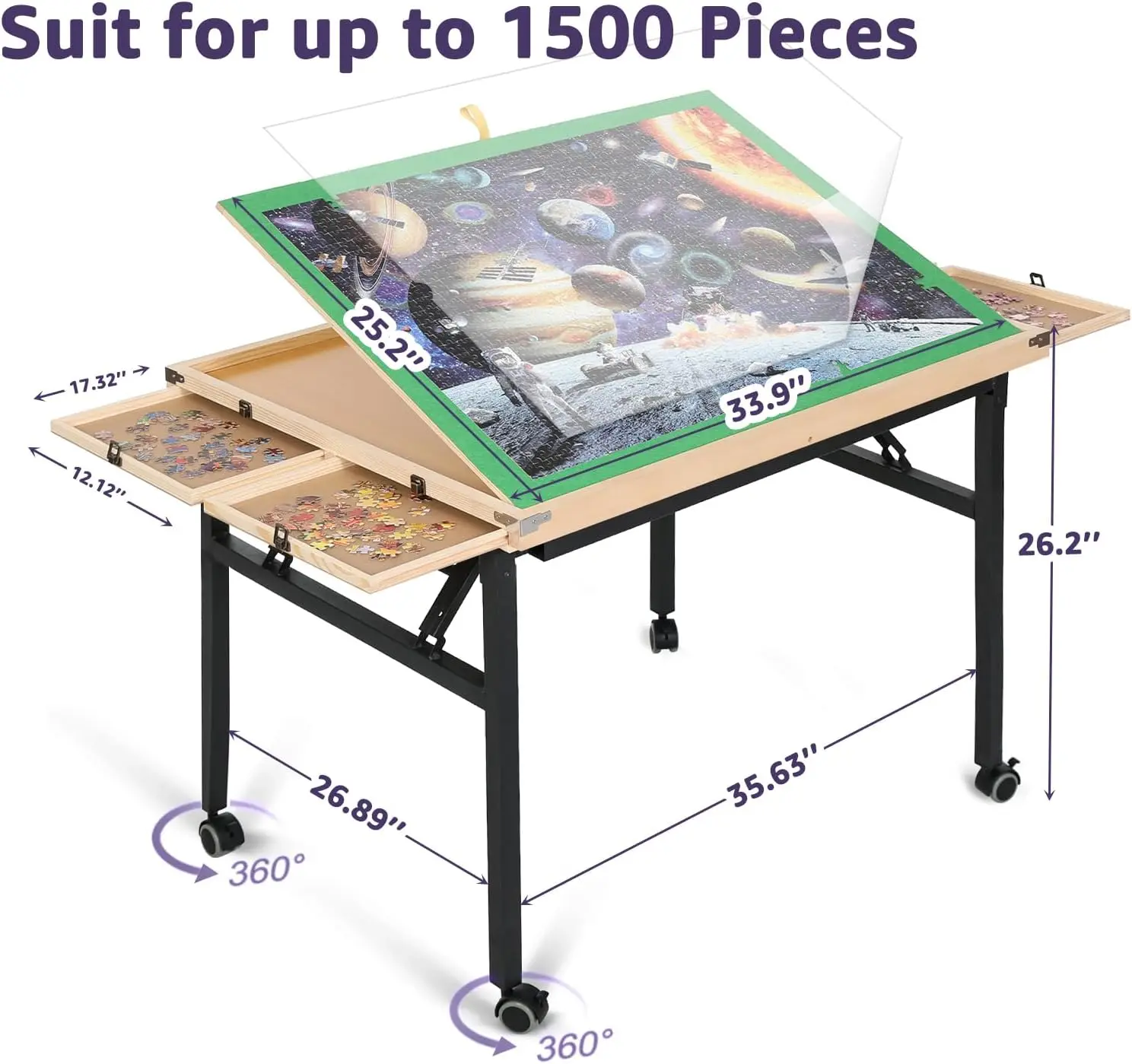 Foldable Puzzle Table with Drawers, 3-Angle, No Assembly