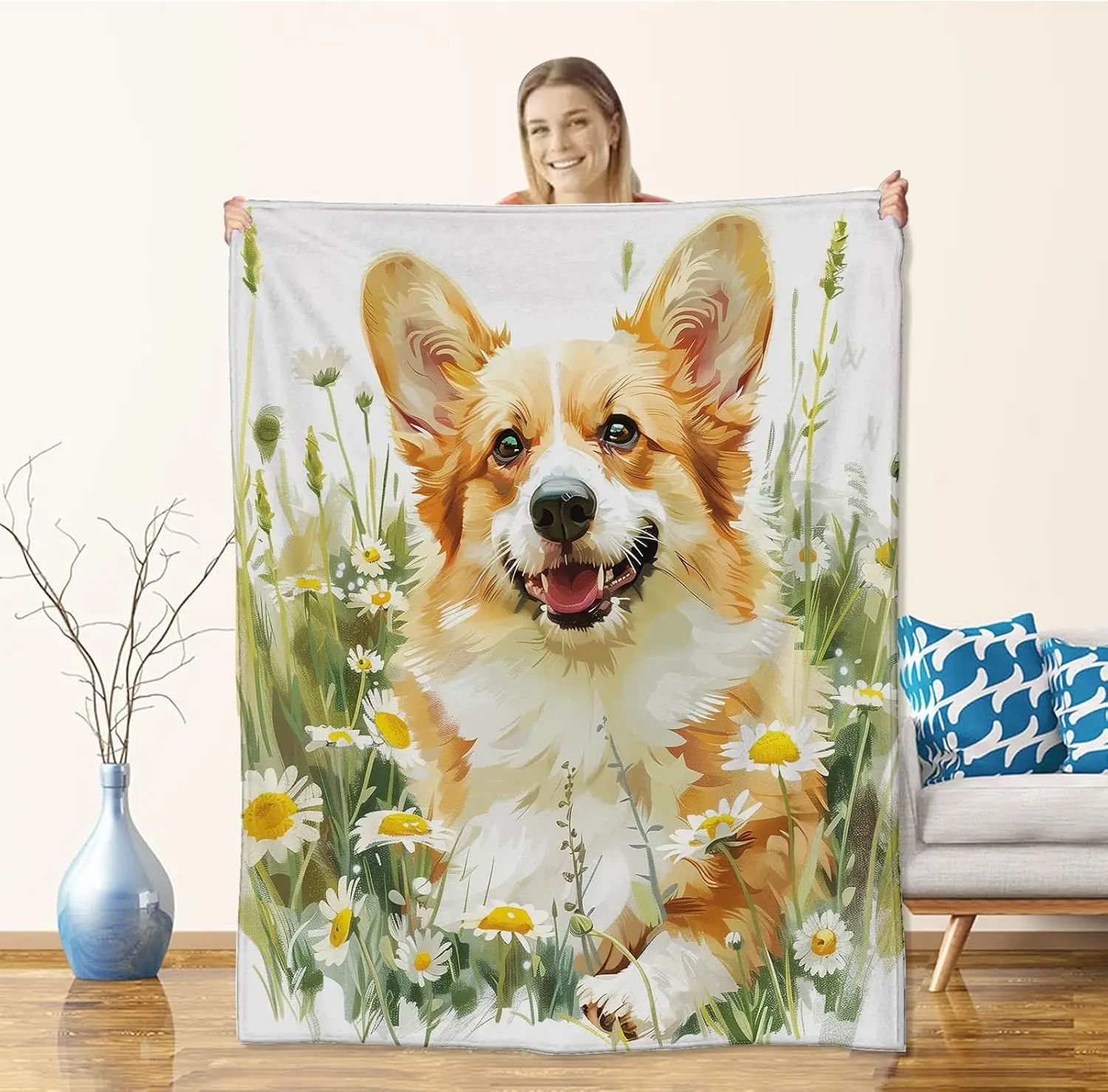Cobertor corgi para adultos meninos amantes corgi, cobertores de flanela corgi presentes, cobertor floral margarida corgi para sofá