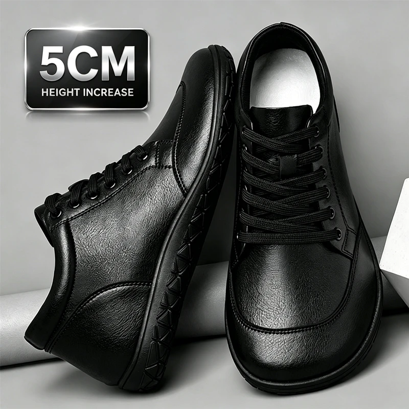 5CM Invisible Elevator Shoes For Men Wide Toe Design Soft Leather Casual Sneakers Breathable Lace Up Height Boost Daily Walking