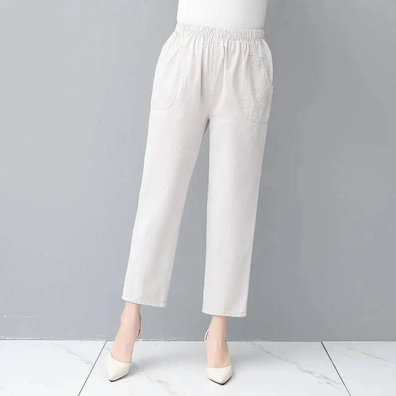 

Middle Aged Women Trousers 205 Spring autumn Elastic High Waist Casual Solid Color Cropped Pants Female Straight Pants