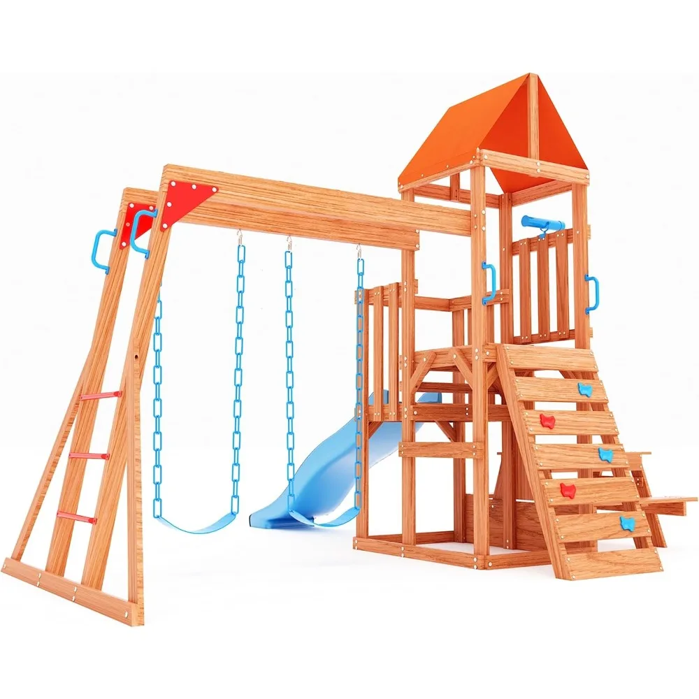 Cedar Wooden Swing Sets for Backyard, Outdoor Playset for Kids with Monkey Bar, 2 in 1 Outdoor Table, Wave Slide