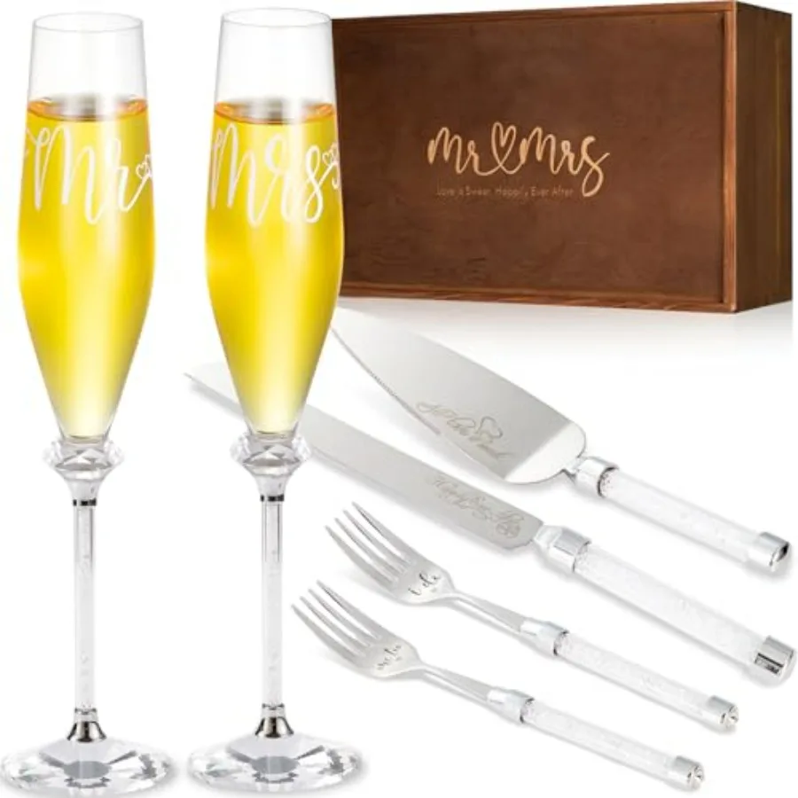 

Wedding Cake Knife and Server Set, Mr and Mrs Champagne Flutes and Cake Cutting Set for Wedding Gifts, Wedding Glasses for Bride