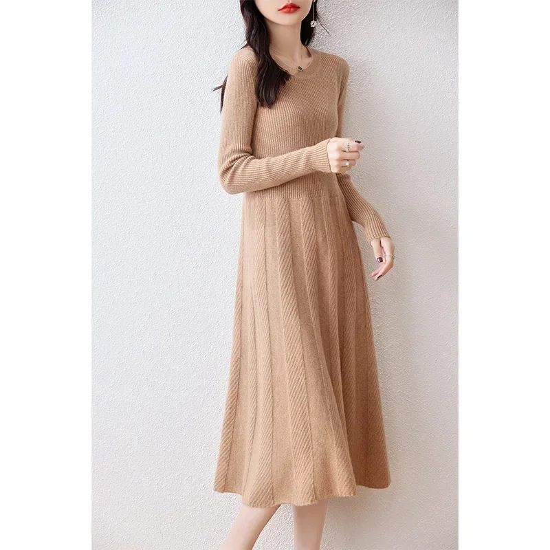 Hot Sale 100% Merino Wool Knitted Sweater Women Dress Winter/Autumn Female Knee Length Dresses Long Style Thicken Knit Jumper