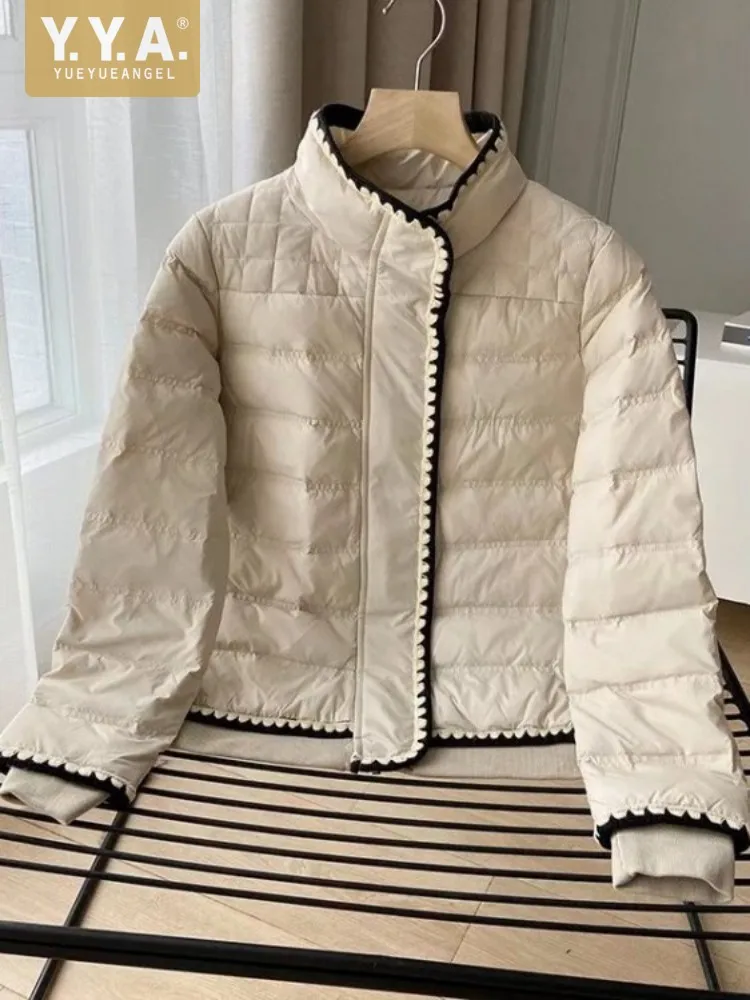 

Elegant Stand Collar Down Coat Women Long Sleeve Casual Outerwear Winter Warm Straight Loose Fit White Duck Down Jacket Female