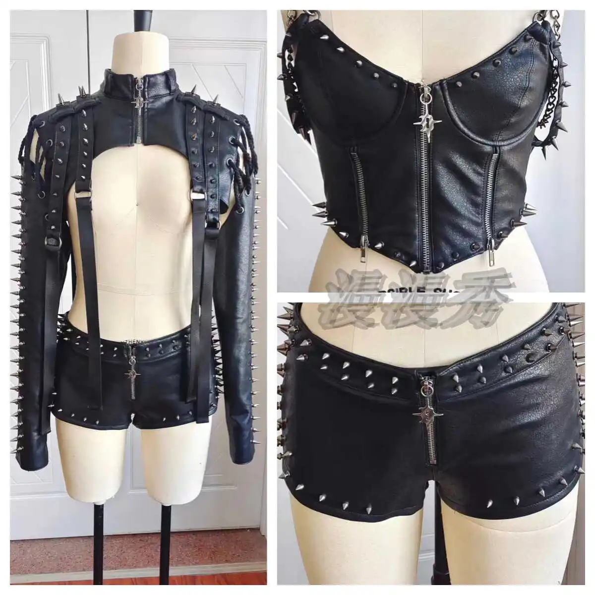 

New dark rock style rivet three piece set sexy spicy girl punk PU leather performance suit suspender leather vest Set