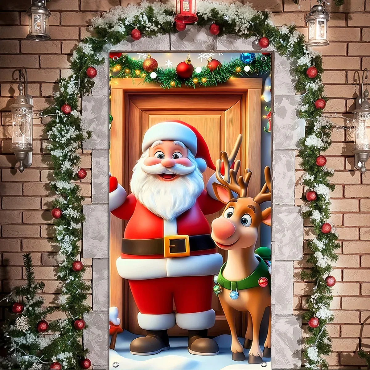 2D door flags, festive Santa Claus and reindeer Christmas door flags - polyester, festive decorations, for indoor/outdoor use
