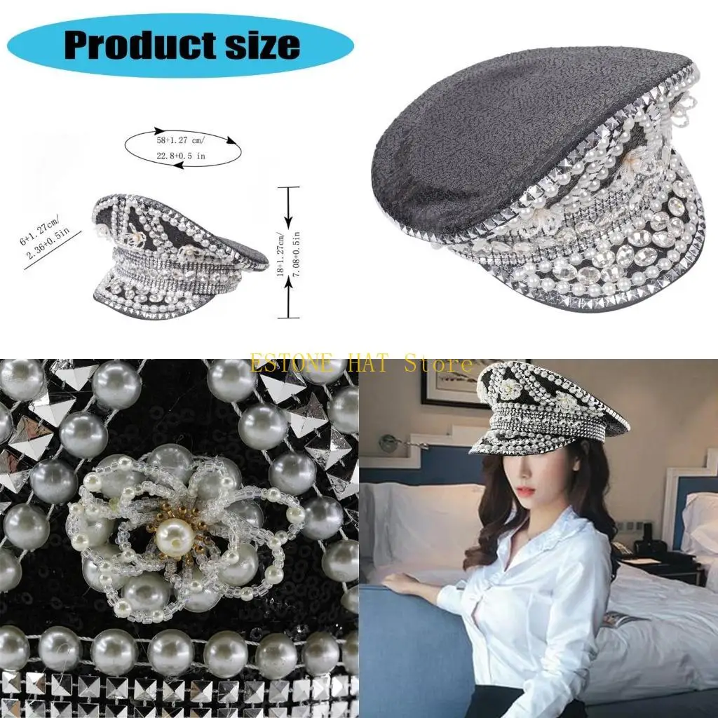 

49MF Jeweled Hat Pearls Crystal Studded Captain Hat for Women Dancer Comedian