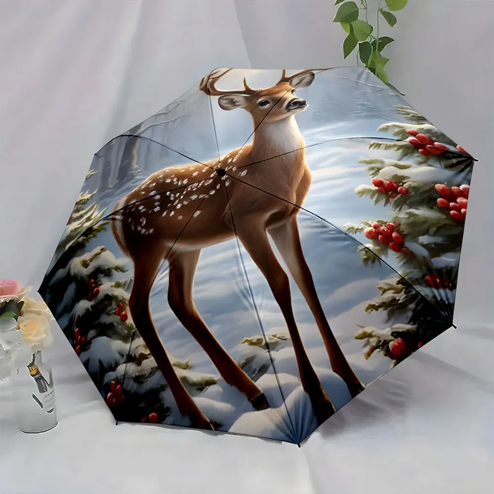 1PC Winter Forest Deer Umbrella with Artistic Design Print 8 Iron Ribs Folding Umbrella Auto-Open Fashion Sunshade