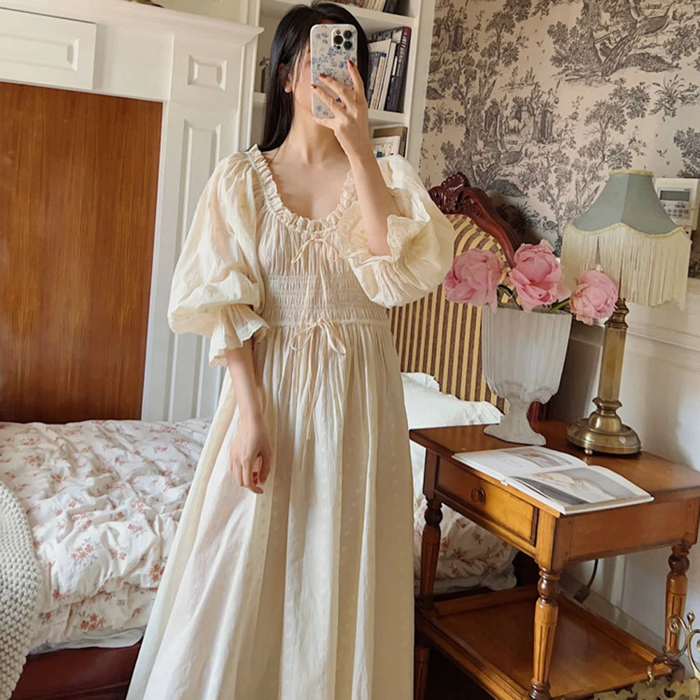 2024 New 100% Cotton Embroidery Women Nightgown Beautiful Vintage Nightdress Long White Palace Retro Princess Sleepwear Longue