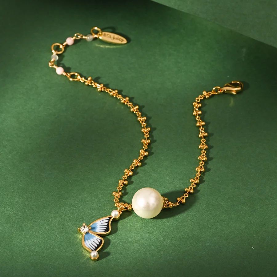 

Spring New National Trend Temperament Enamel Glaze Blue Butterfly Pearl Bracelet Exquisite Fairy Style Hand Decoration for Women