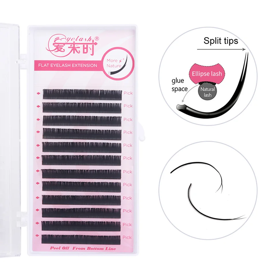 

Black Color Flat Matte Split Tips False Eyelashes Extension Natural Light Soft Makeup Tools Individual 12Rows Flat Ellipse Lash