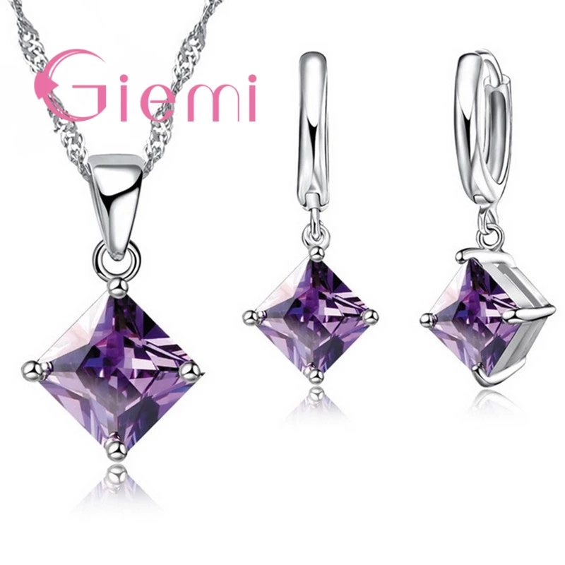 Classic 925 Sterling Silver Jewelry Sets 4 Claw Rhombus Cubic Zircon Pendant Necklace Earring Set Women Party Jewelry Gift