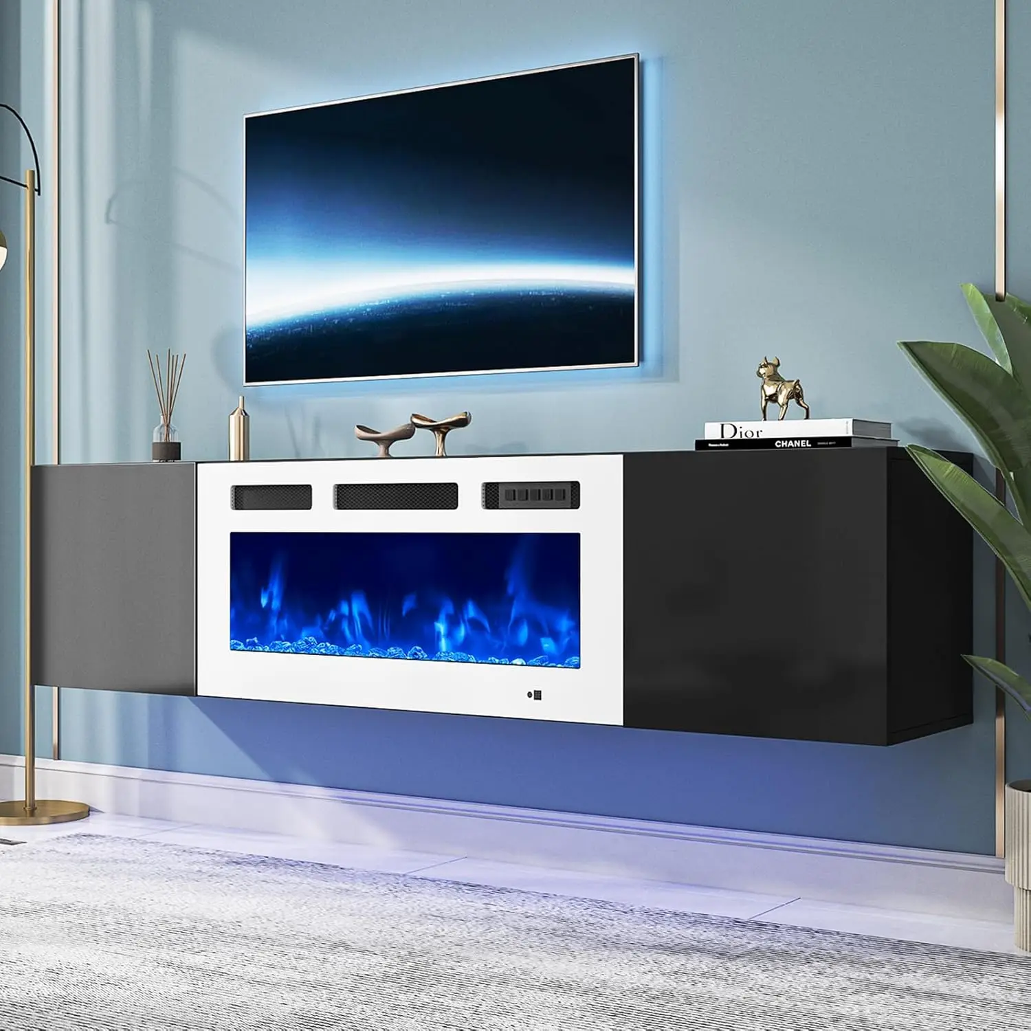 Floating TV stand with 36-inch electric fireplace, 70-inch TV console with fireplace, floating TV stand/TV cabinet