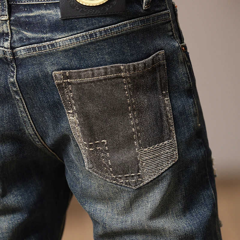 Stitching Design Jeans Men's Personalized Straight Stretch American Style Trend Irregular Ripped Patch Tight Motorcycle Trousers