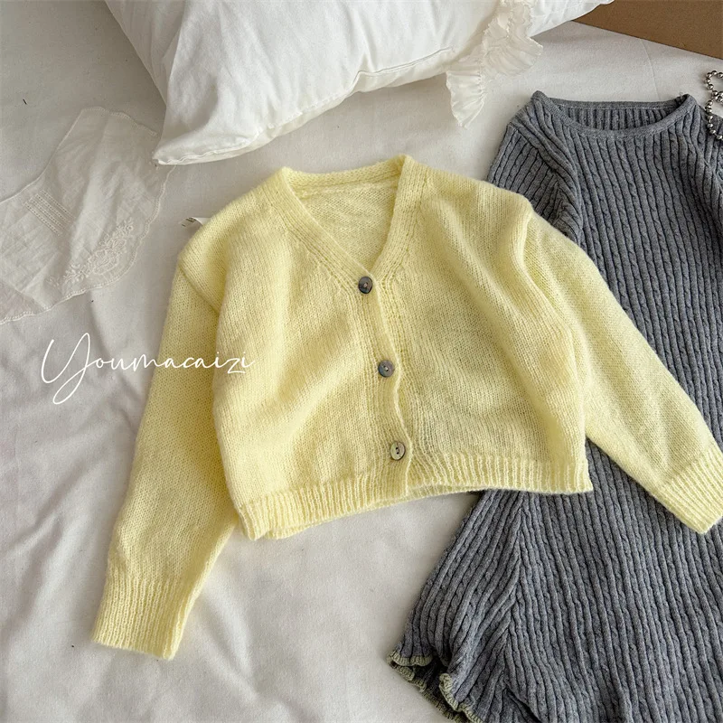 

Новинка осени 2022, детский простой однотонный свитер, кардиган для девочек, шерстяной топ с короткими рукавами и длинными рукавами, Корея