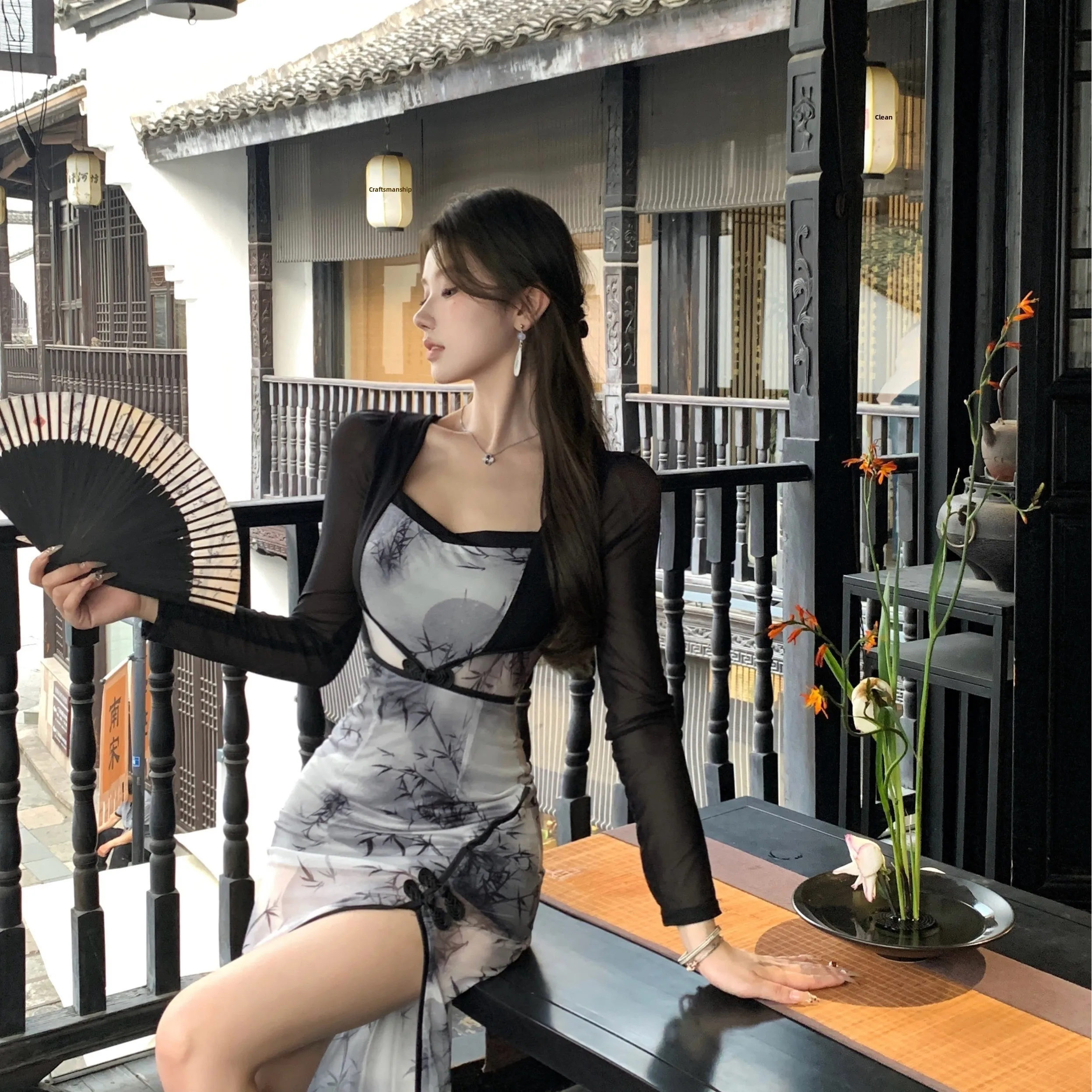 Faionable sexy impressão cintura-conchamento split dr coreano sle longo sve primavera outono nova chegada roupas femininas