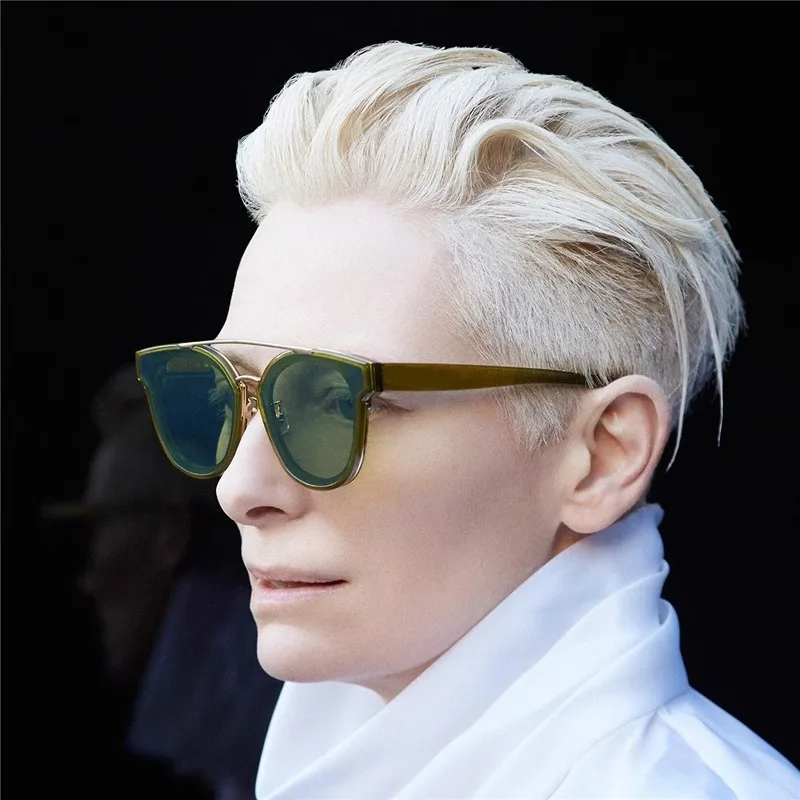 Angel Tilda Swinton green double beam sunglasses women couple models black sunglasses men leopard temperament