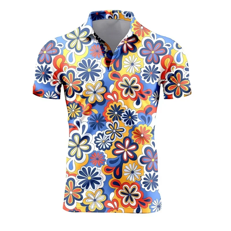 3D Printed Retro Polo Shirt For Men Flower Mushroom Pattern Short Sleeve Outdoor Summer Lapel Tops T-Shirt Button Oversized Tees