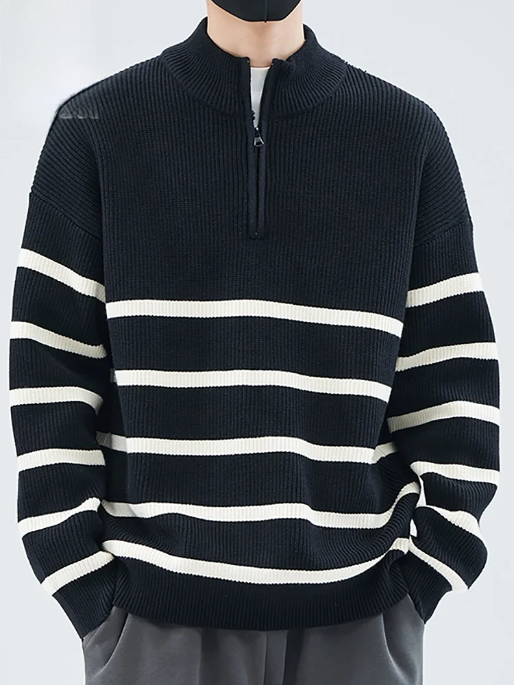 

Мужской свободный свитер в полоску с воротником-стойкой, повседневный, модный, для весеннего сезона, базовый слой, с длинными рукавами