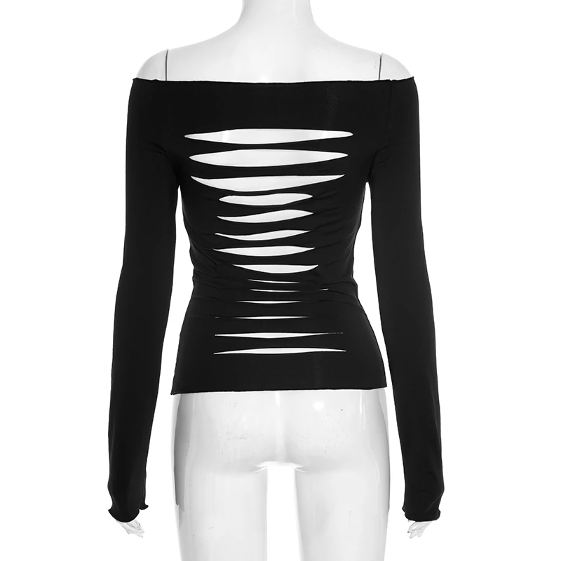 CUTENOVA المرأة خريف جديد وصول بلون خارج الكتف مخطط مثير طويلة الأكمام تي شيرت قمة الموضة الشارع الشهير العصرية