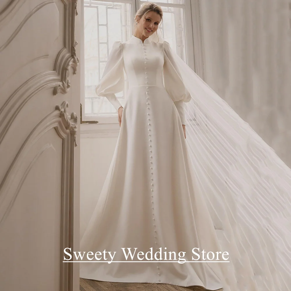

Muslim Wedding Dress Customized High Collar Puff Sleeves Buttons Court Train Saudi Arabian Bridal Gown Vestido De Noiva