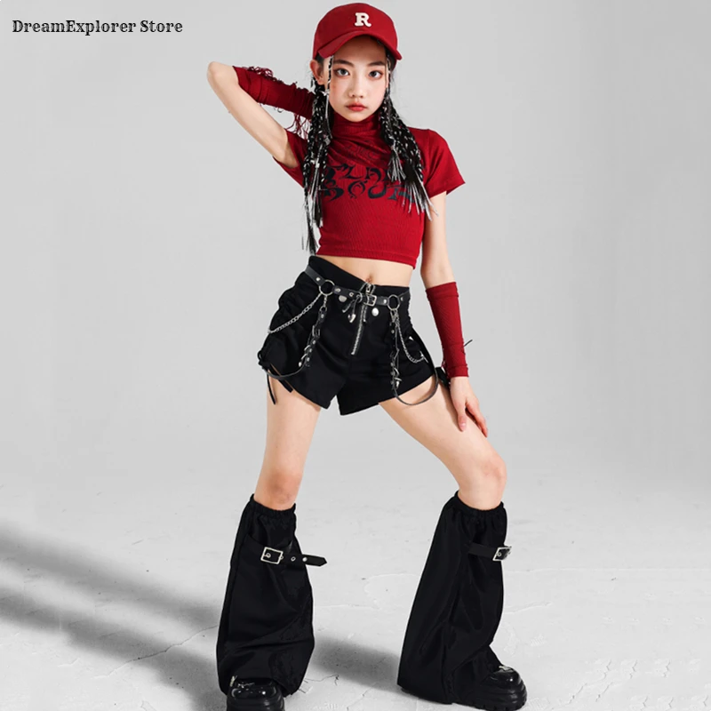Girls K-pop Crop Top Tiered Skirts Street Dance Shorts Kids Hip Hop Streetwear Jazz Costumes Children Girl Group Clothes Sets
