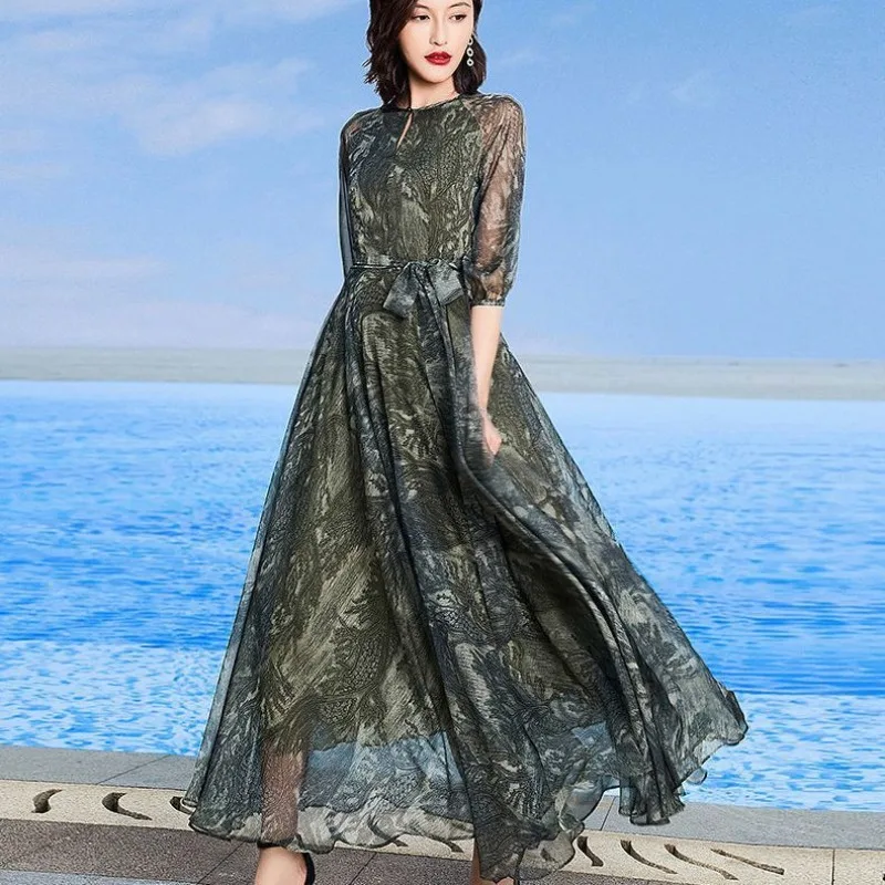 Big Pendulum Chiffon Dress Women's 2026 Summer New Temperament High Sense Fashion Age Reduction Thin Big Pendulum Long Skirt