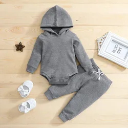 Newborn Baby Boy Pant Sets Autumn Clothes Solid Color Long Sleeves Hooded Bodysuit Tops and Pants Baby Items Clothing for Infant