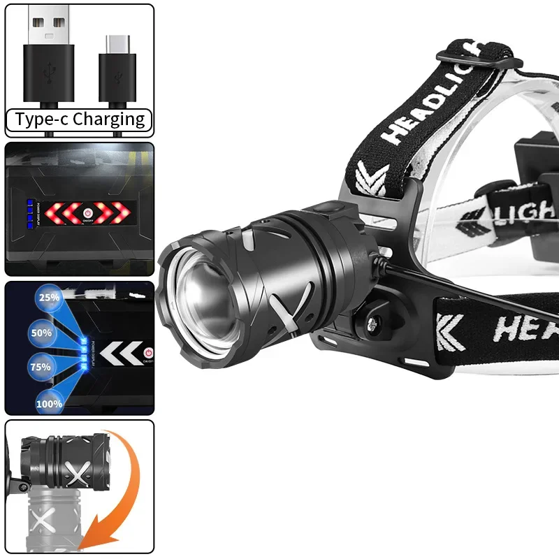 Cross-border New Product 30W LED Strong Light Remote Beam Headlight XHP 70USB Charging Bright Zoom Adjustable Headlight