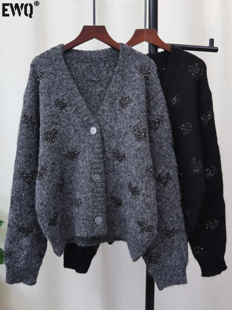 [EWQ] Korean Style Long Sleeve V-neck Single Breasted Sequin Design Knit Cardigan Loose Women Sweater Coat 2024 Autumn 16O3173