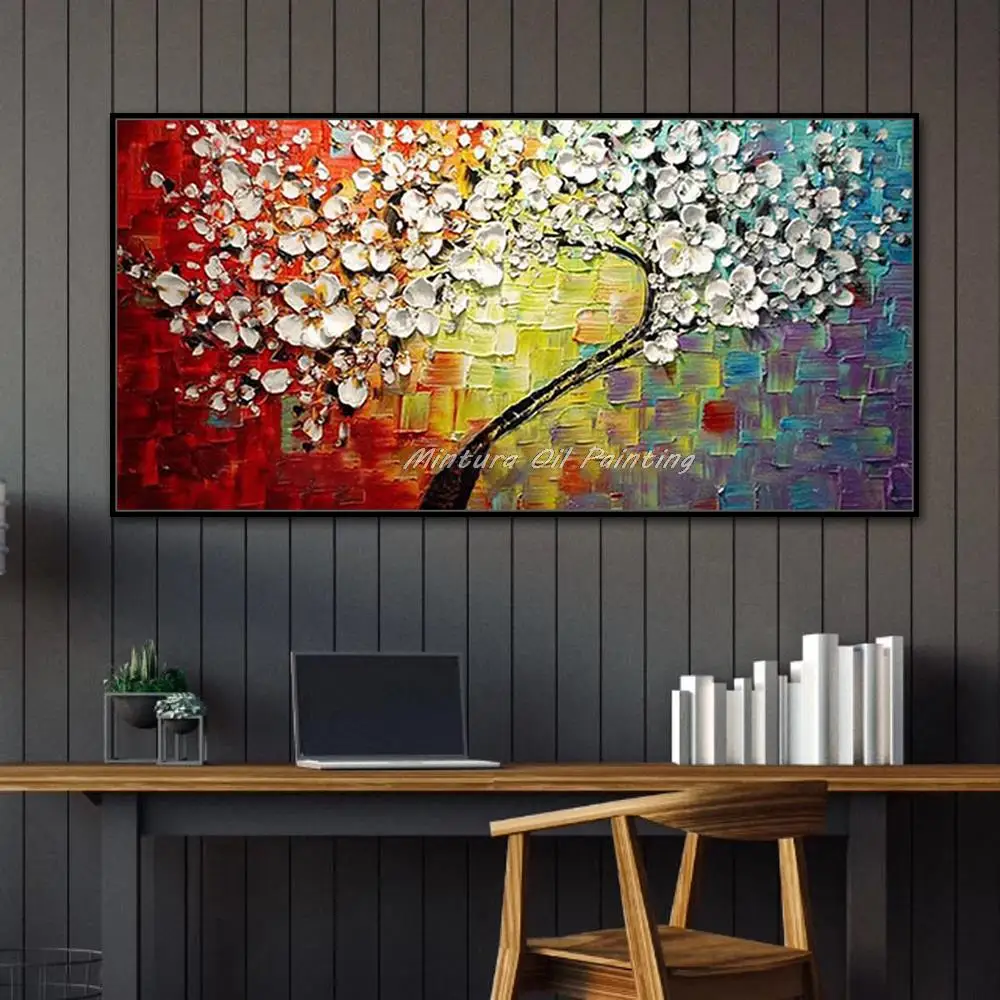 Mintura Wall Picture for Living Room Handpainted Palette Knife Tree Flower Oil Paintings on Canvas Hotel Decor Wall Art No Frame