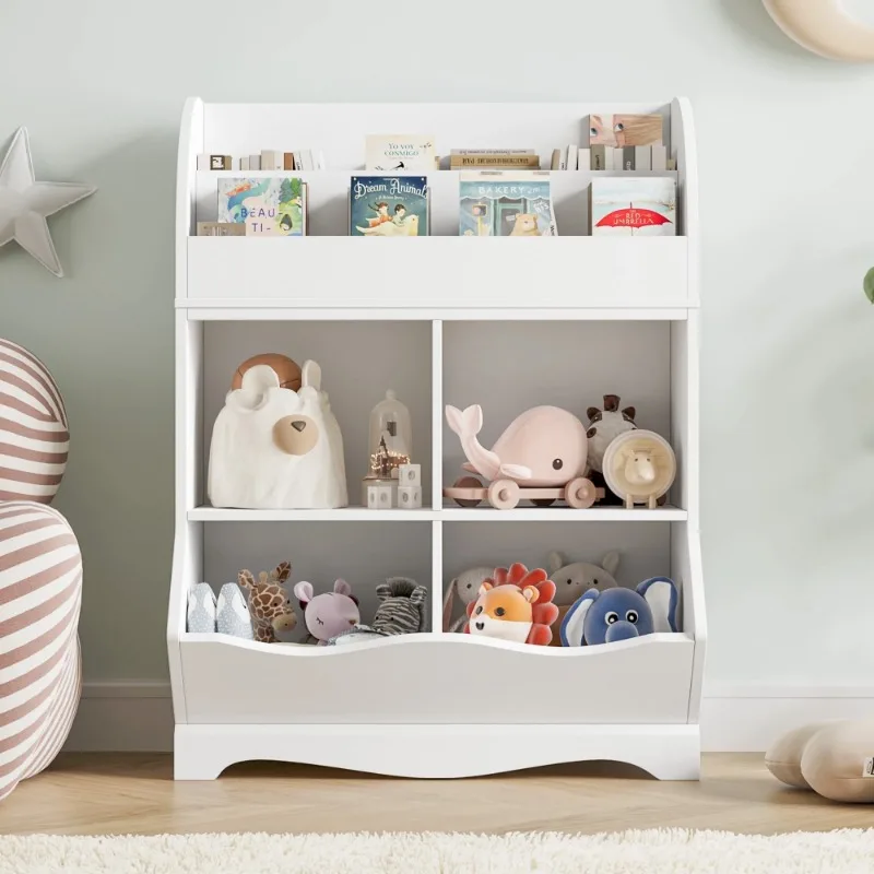 

Детский книжный шкаф с книжной полкой, деревянный кубический шкаф для хранения игрушек с 4 контейнерами для детской игровой комнаты, белый