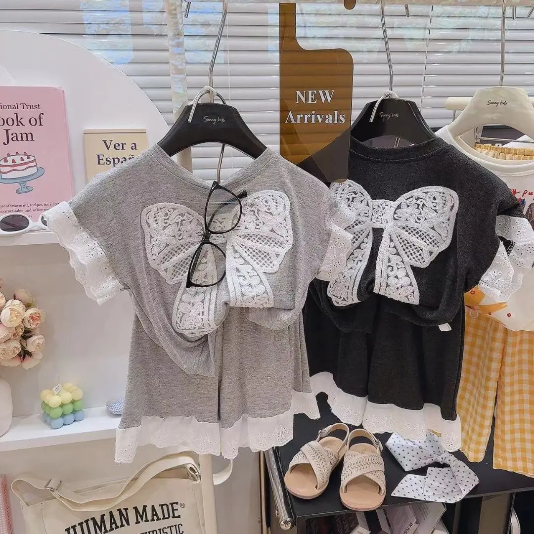 Summer Girls Skirt 2Pcs Sets Kids Clothes Bow T-Shirt+ Skirt Suits Fashion Children Short Sleeve Outfits 2-8 Years