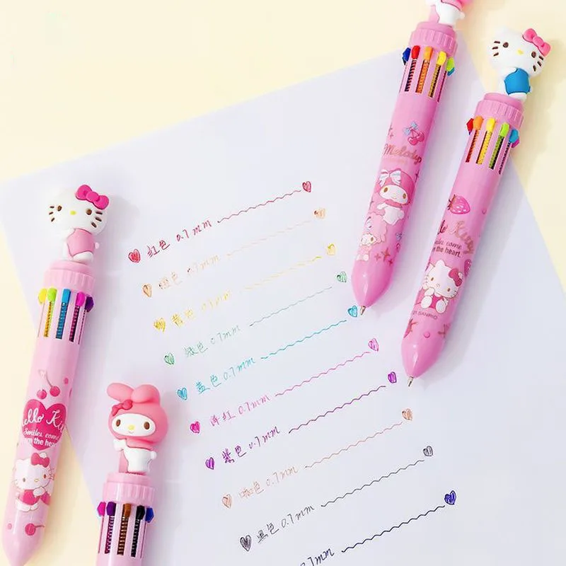 Sanrio 3pcs 10-Color Ballpoint Pen Kawaii Hello Kitty My Melody Family Image Push-Type Student Multicolor Pen Children'S Cartoon