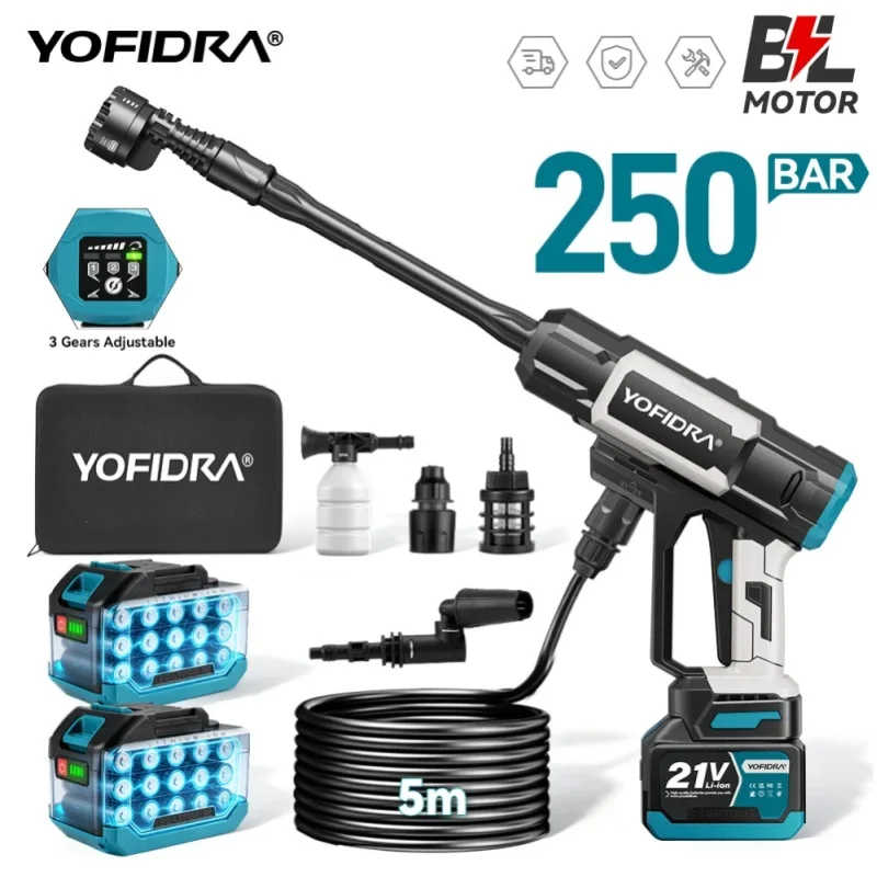 YOFIDRA 250Bar 3-Gang Bürstenloser Elektrischer Hochdruckreiniger 6-in-1 Autowaschpistole Wassersprühpistole Reinigungswerkzeug für Makita 21V Akku