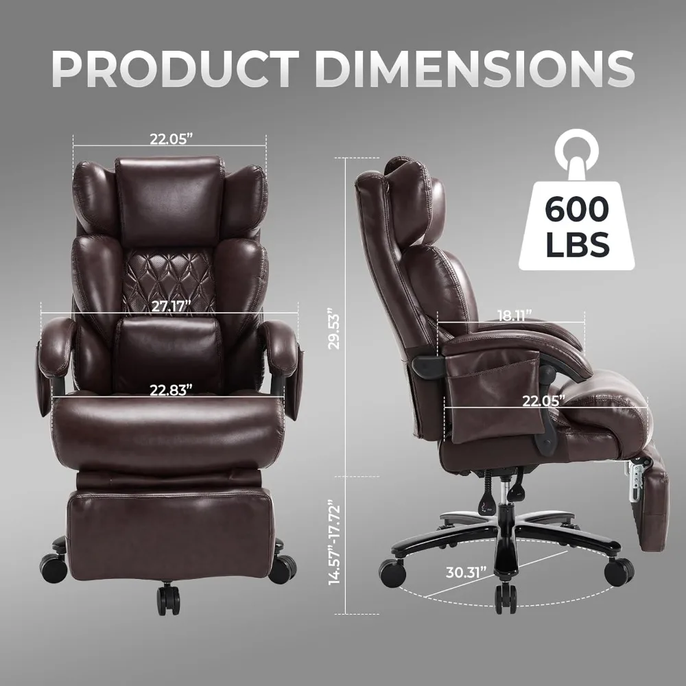 Kursi Kantor Pijat 3-in-1 dengan Sandaran Kaki 600LBS, Kursi Kantor Besar dan Tinggi dengan Pijat dan Pemanas untuk Orang Bertubuh Besar, Dapat Direbahkan
