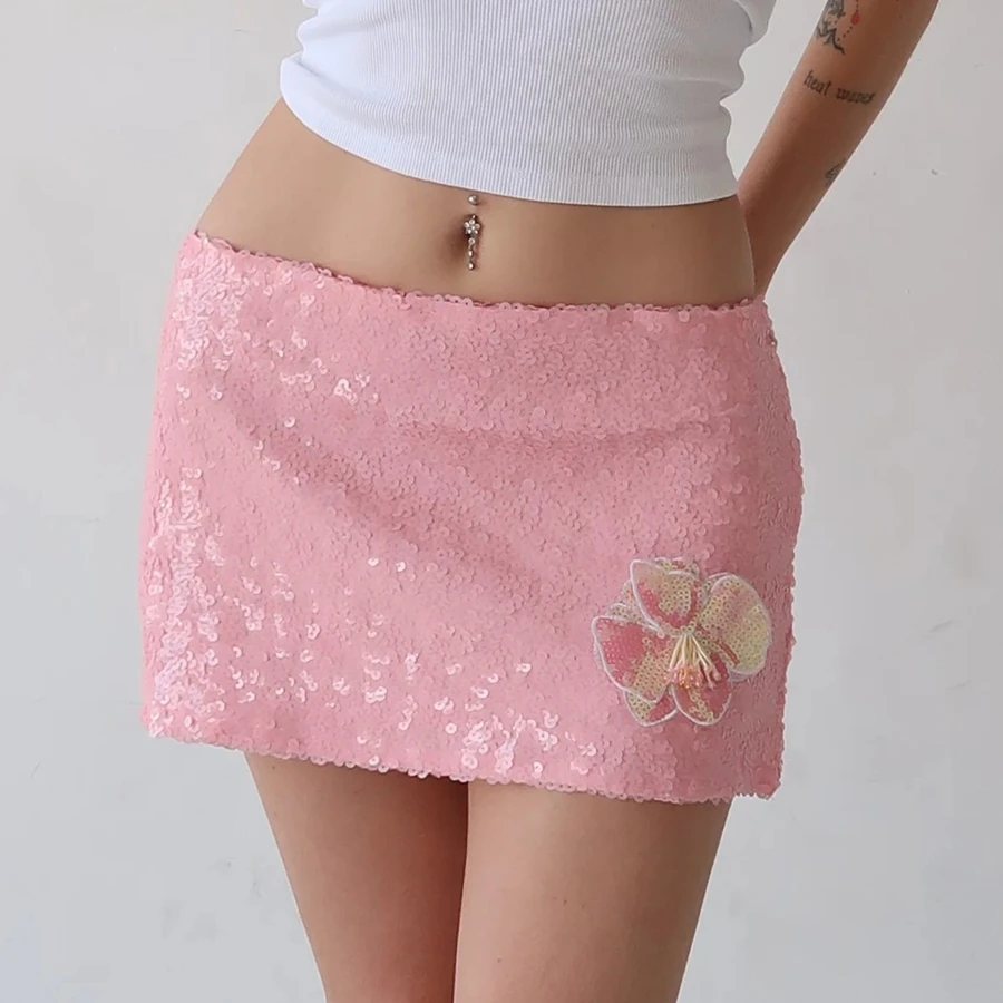 

2025 Women's Summer Sparkle Sequin Mini Skirt Soild Color Bling Party Outfit Flower Appliques Skirt for Club Beach