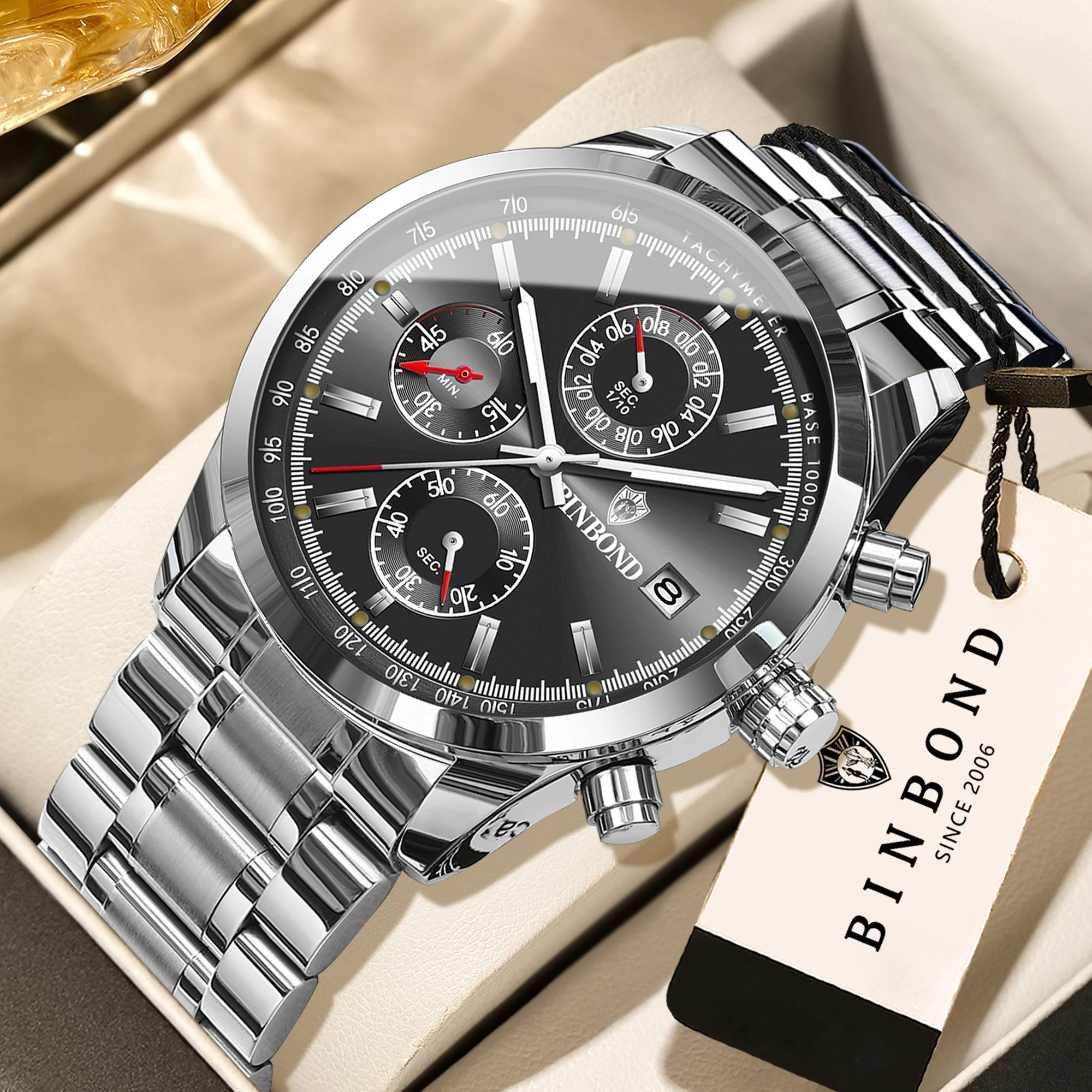 BINBOND Chronograph Men's Watch Reloj Authentic Quartz Watches For Men Luxury Luminous Waterproof Auto Date Relojes Hombre +Box