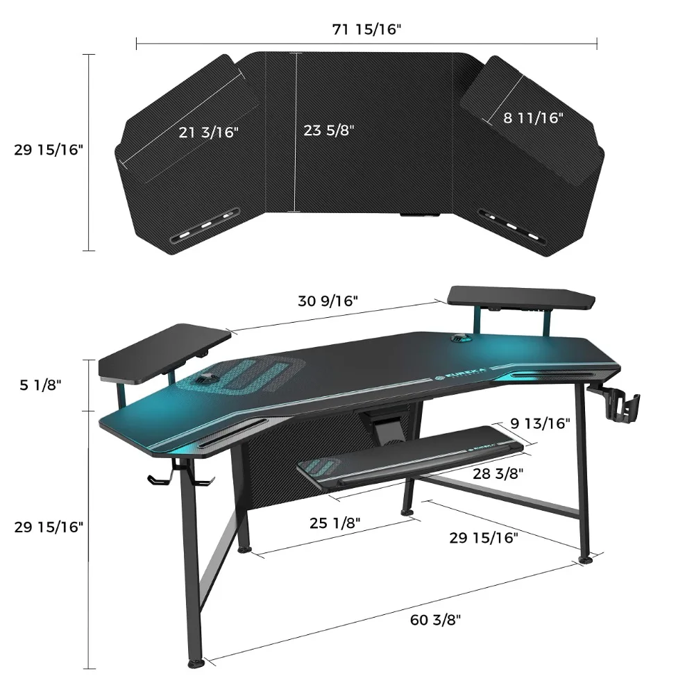 2024 New Gaming Desk with Led Lights, 72" Large Wing-Shaped Studio Desk W Keyboard Tray Monitor Stand