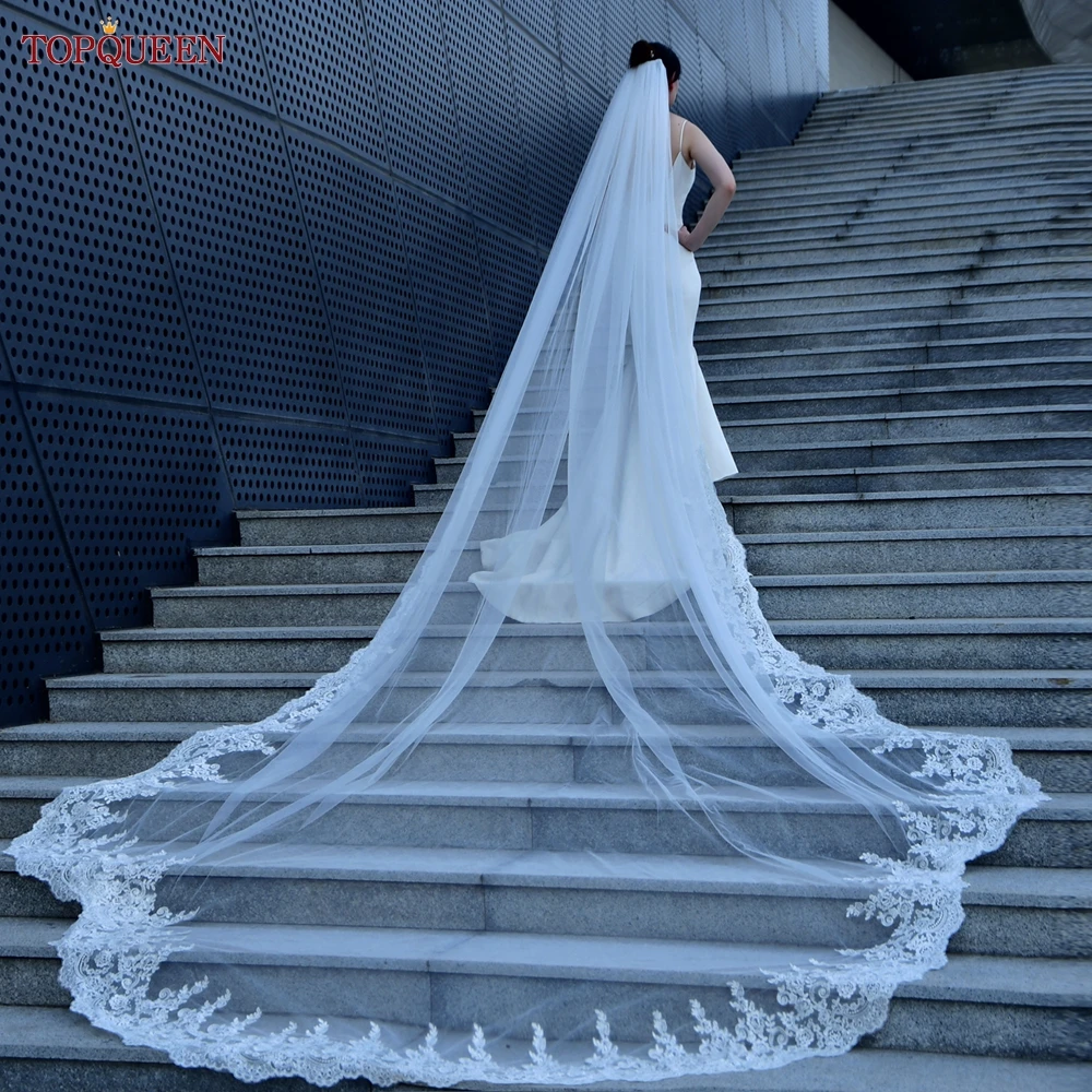 

TOPQUEEN V137 4M Bridal Veils Long Cathedral Style Lace Wedding Veil Scalloped Edged Wedding Veils 1 Tier Veil for the Bride