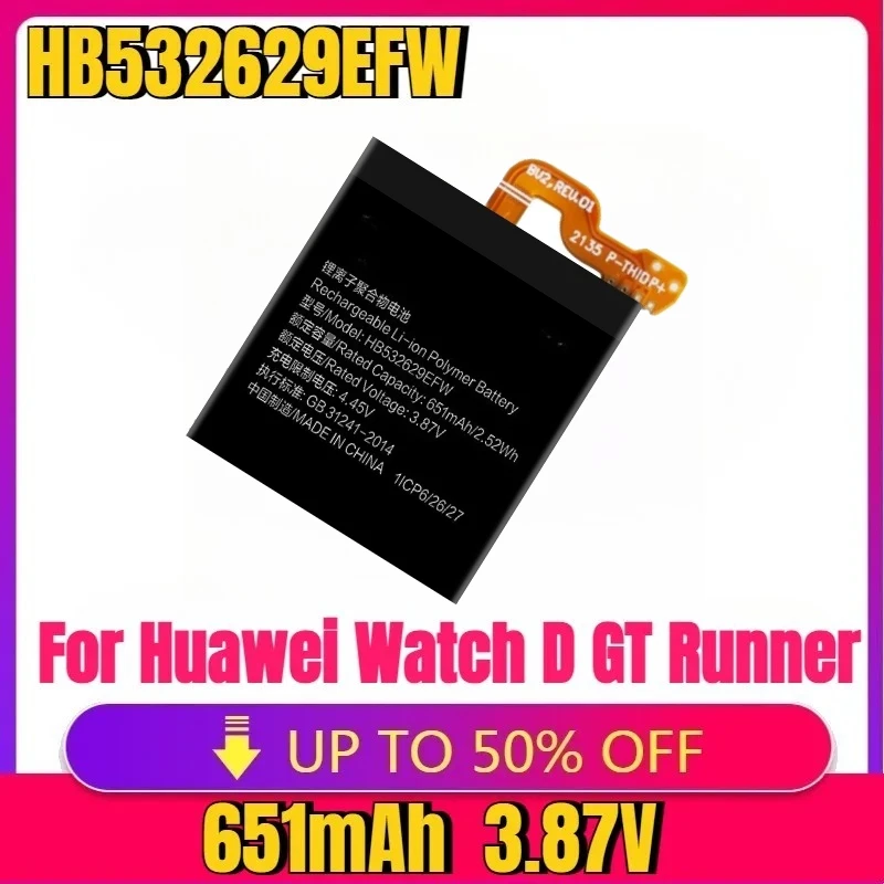 

New High Quality replaceable HB532629EFW Battery For Huawei Watch D GT Runner Run-B19 MLY-B10 Battery