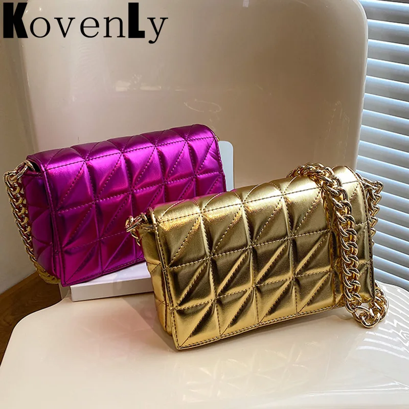 Fashion 2024 Quilted Metal Chain Small Square Bag Totes Bolsos Women\'s Diamond Lattice Shoulder Bags Shiny Gold Handbags