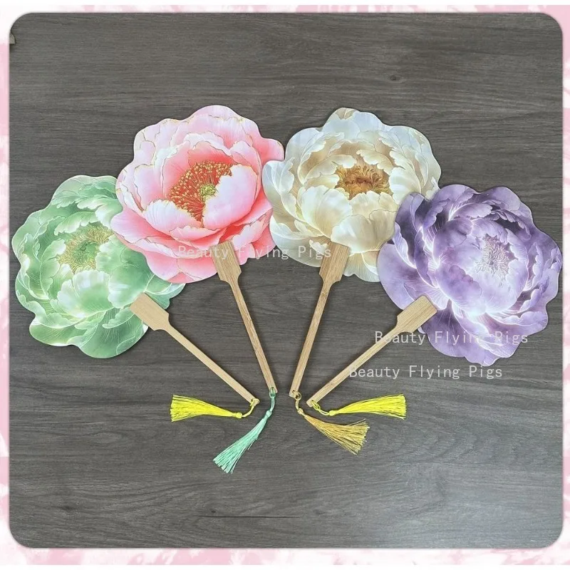 10PCS Chinese Peony Shaped Fan Bamboo Handle Tassel Fan Flower Round Fans Wedding Party Role-playing Props Decorative Hand Fan